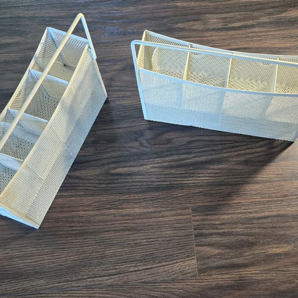 Set of Two Cream-Colored Metal Mesh Hanging or Freestanding Organization Baskets